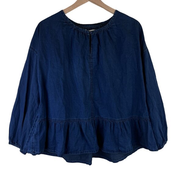 Madewell Indigo Dark Wash Ruffle Hem Chambray Long Sleeve Top - Picture 2 of 6